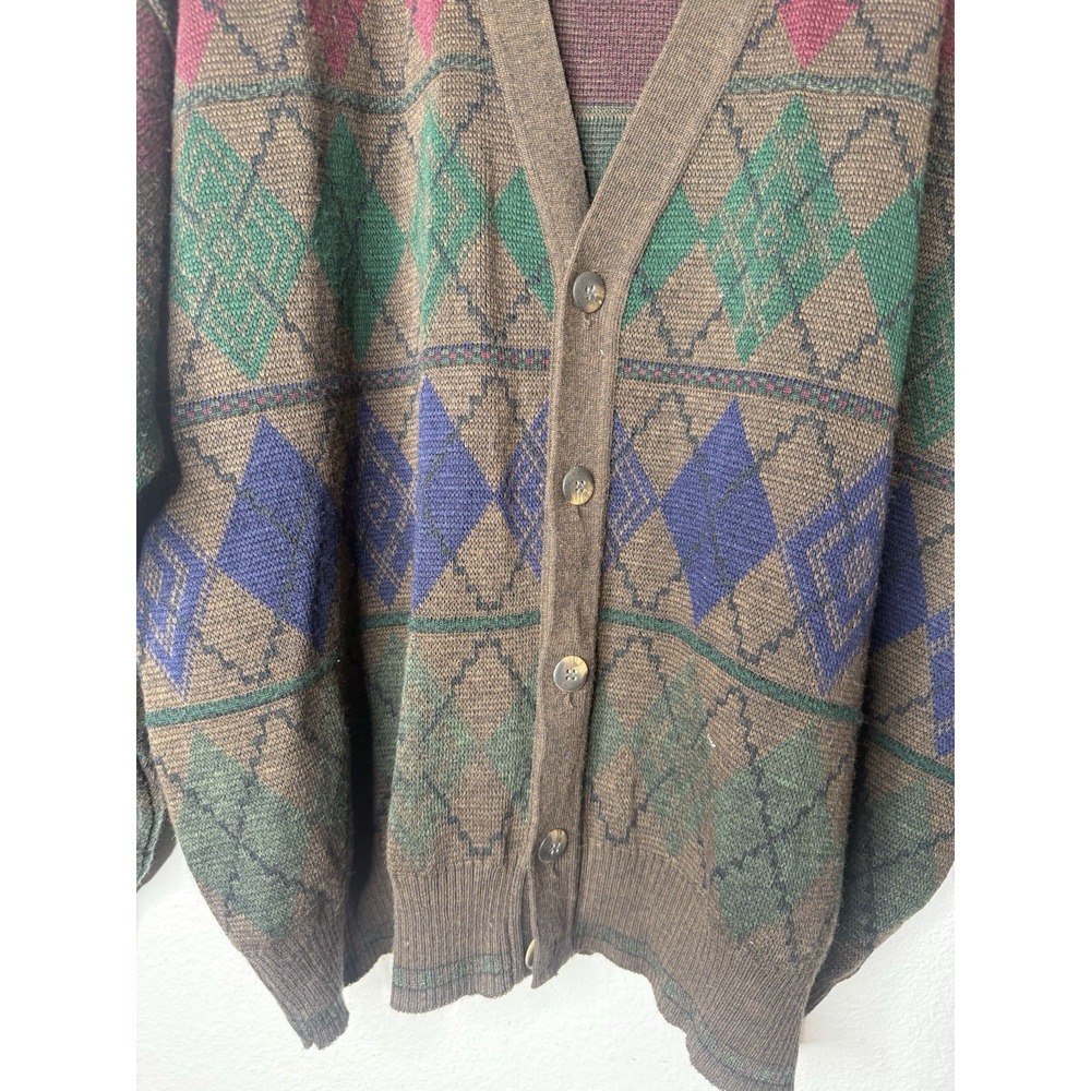Vtg Florence Tricot Italy Men's Sweater XL Wool Blend Cardigan Argyle Grandpa - Picture 3 of 10